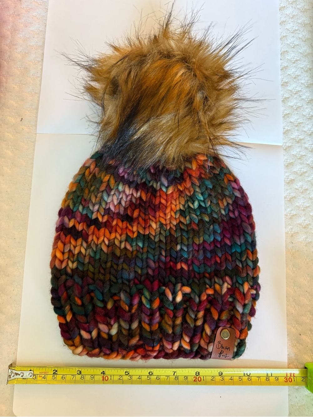 Handmade Multicolor Chunky Knit Beanie with Faux Fur Pom 100% merino wool